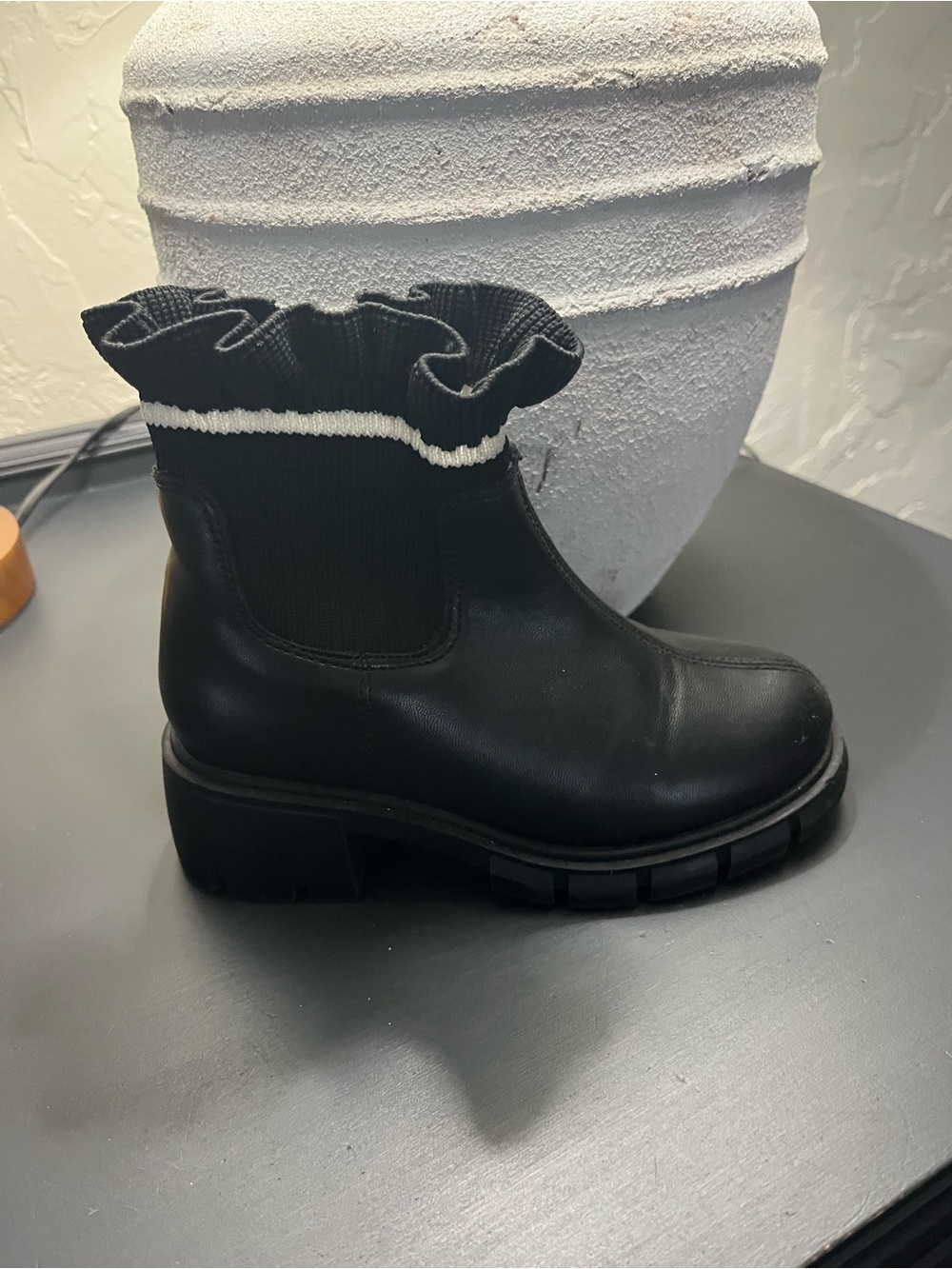 Girls' Black Ruffle-Trim Chelsea Boot with Knit Collar